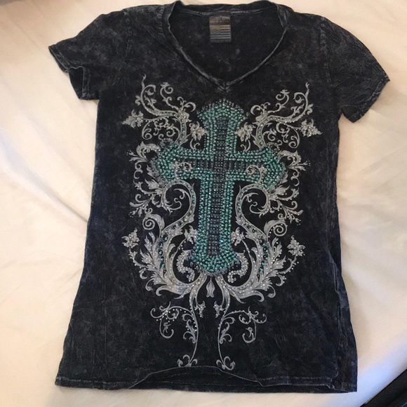 Sequin Cross V neck Shirt - Picture 1 of 4